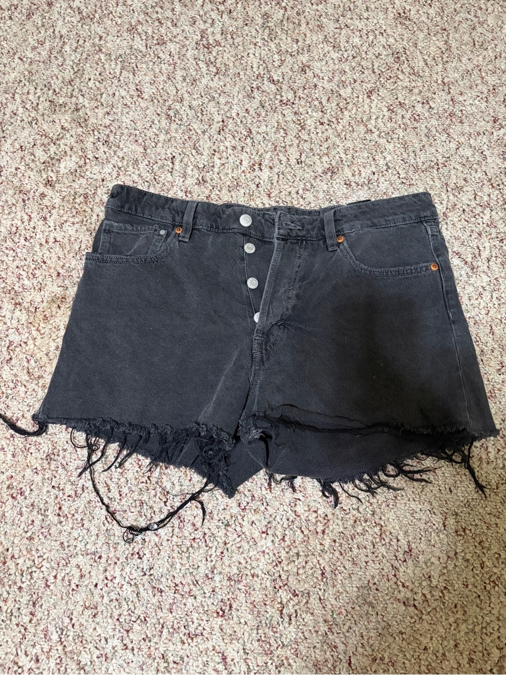 High-Rise Black Distressed Denim Shorts with Button Fly